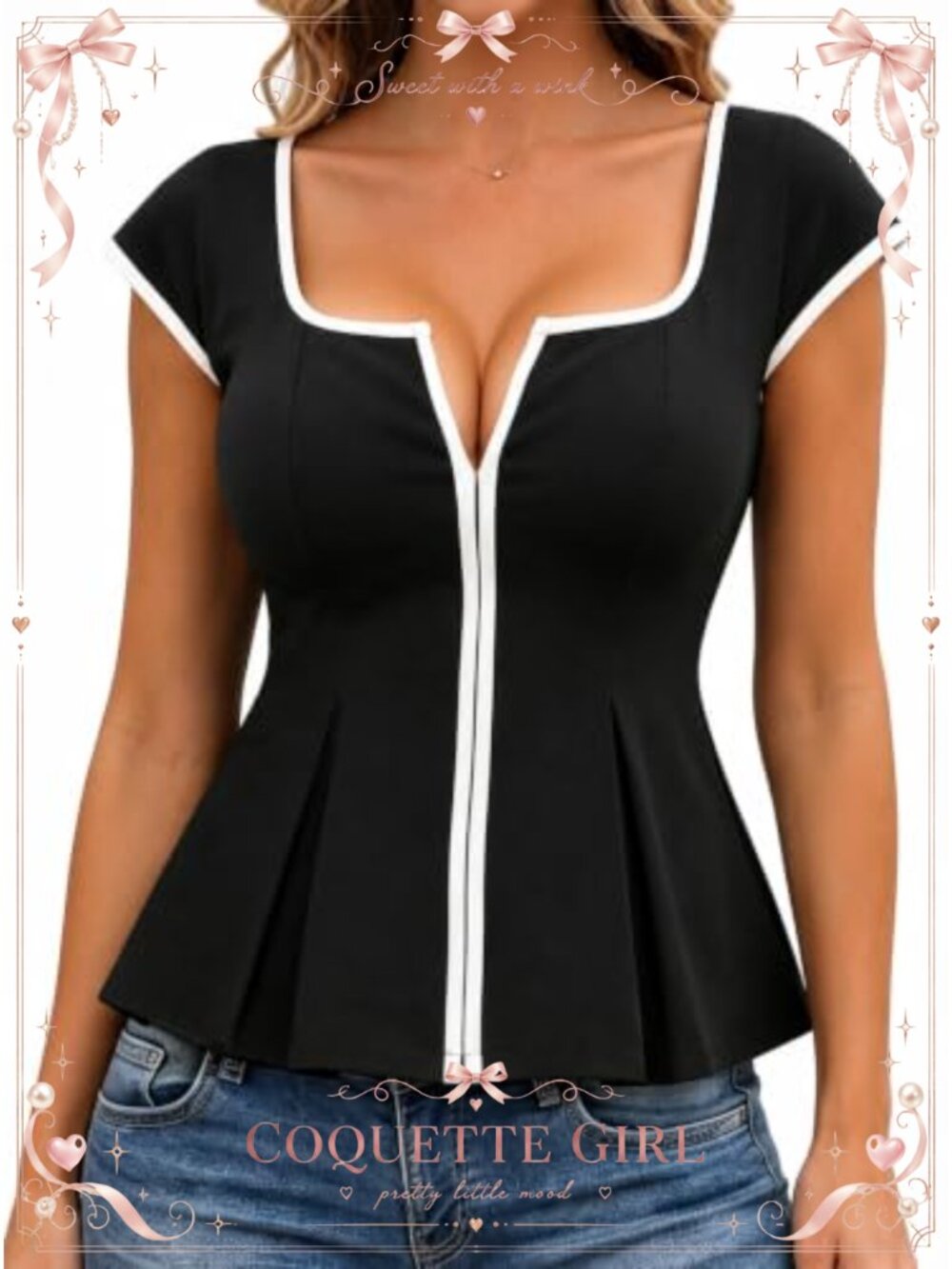 Peplum Blouse Cap Sleeve Zip Front Business Casual Top
